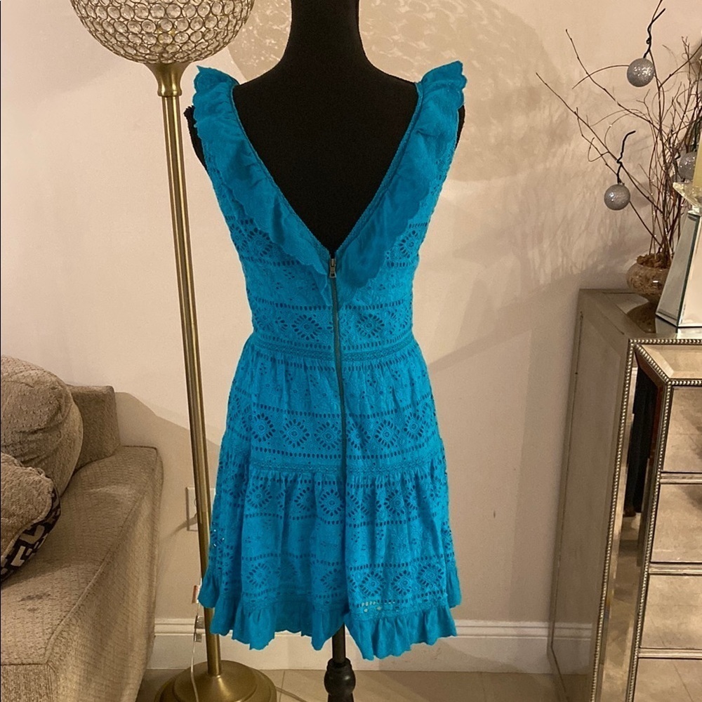 Alice+Olivia dress size 4Turquoise Blue Tiered Ruffled V-Neck Sundress - Picture 5 of 8